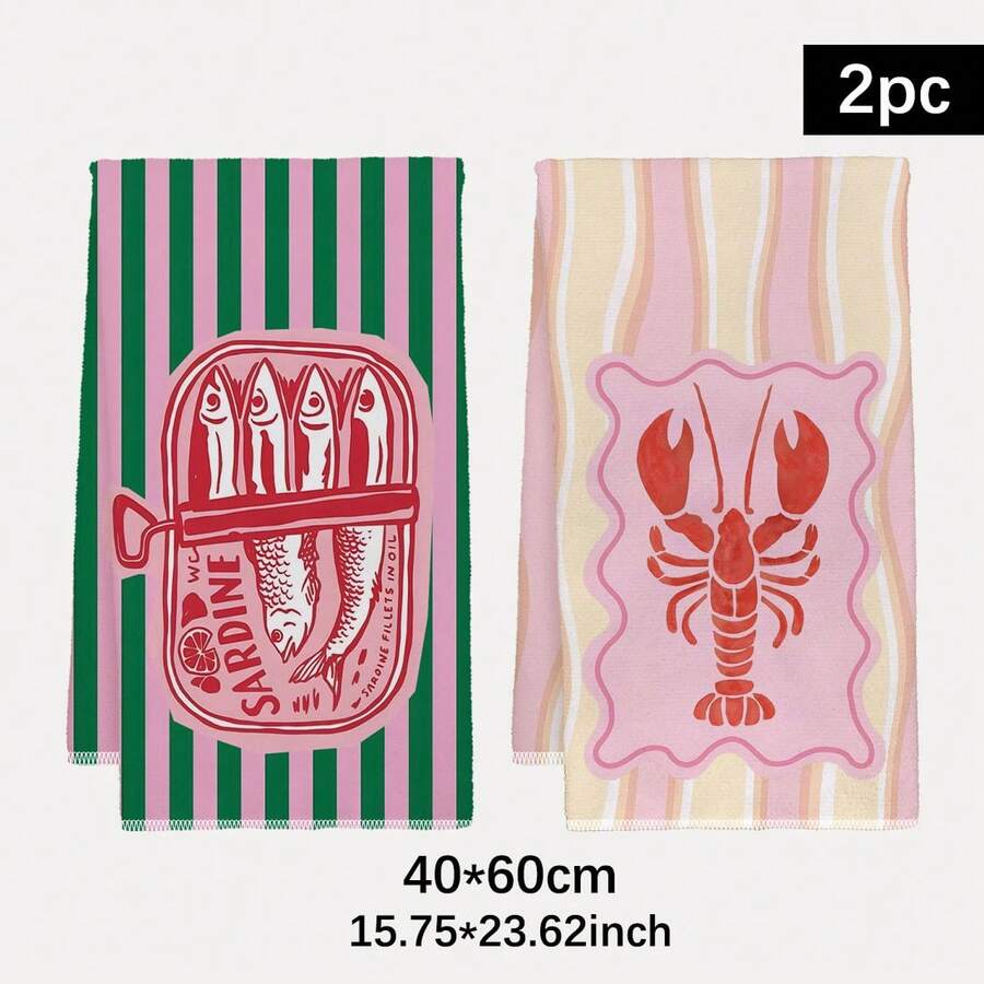 Kitchen Baking Cloth - 2개, 분홍색과 녹색 줄무늬가 있는 새우와