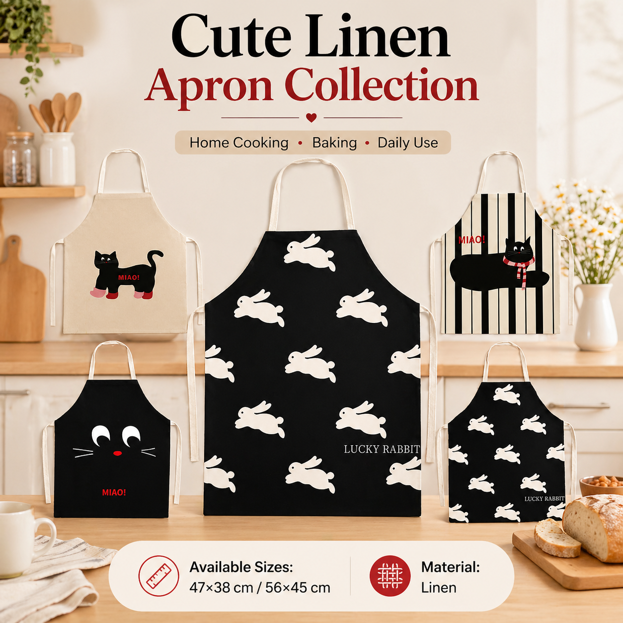 Kitchen Baking Cloth - 귀여운 검은 고양이와 흰 토끼 무늬