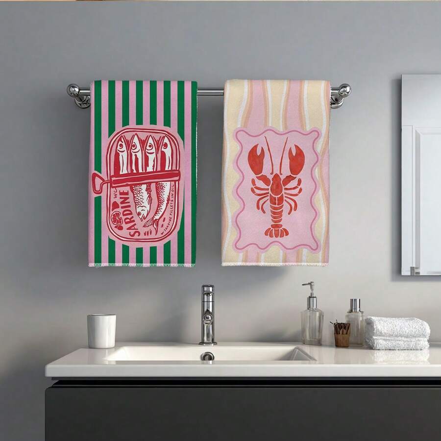 2개, 분홍색과 녹색 줄무늬가 있는 새우와 생선 주방  - Kitchen Baking Cloth 리뷰 및 가격
