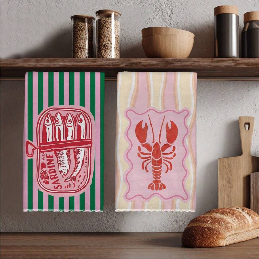 2개, 분홍색과 녹색 줄무늬가 있는 새우와 생선 주방  - Kitchen Baking Cloth 리뷰 및 가격