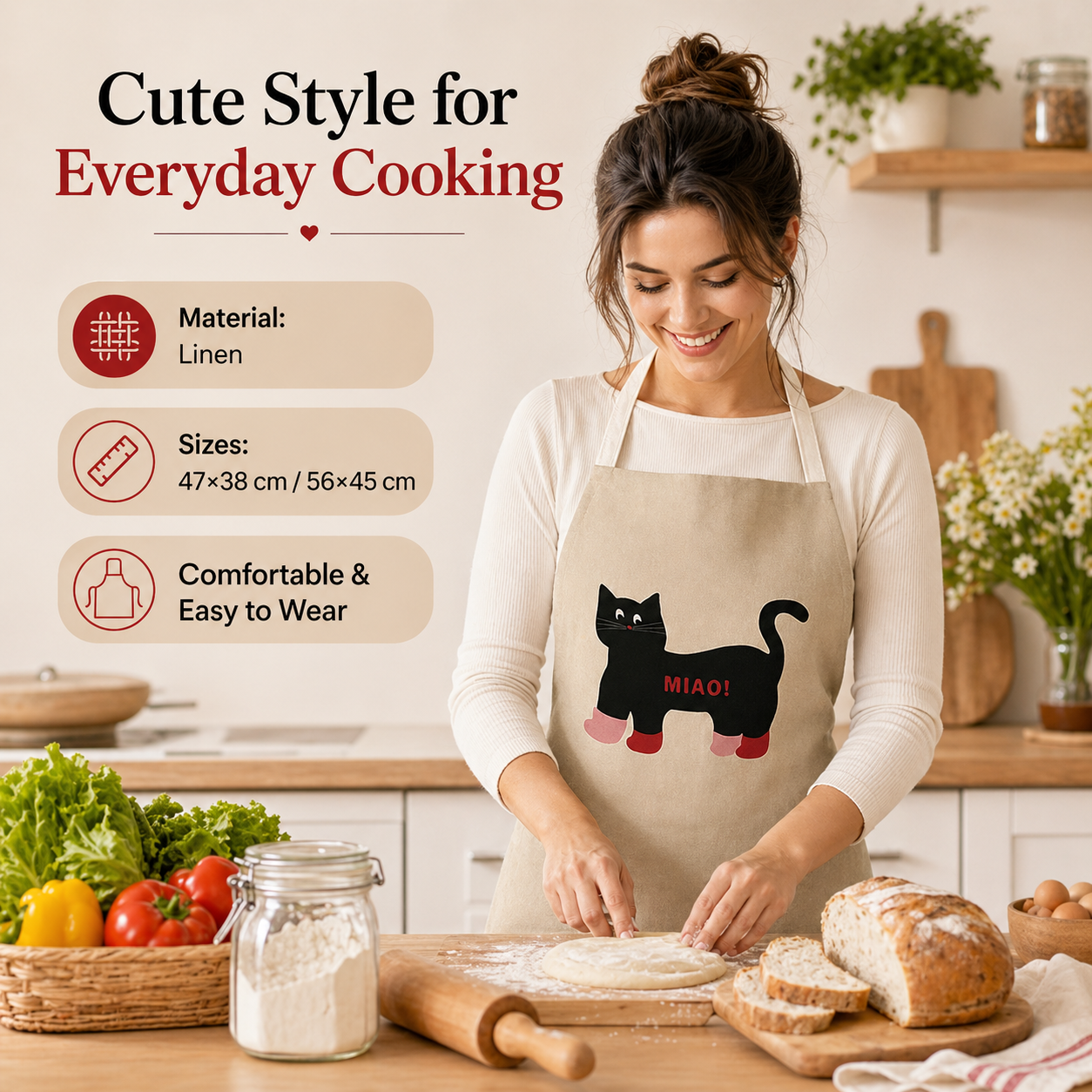 귀여운 검은 고양이와 흰 토끼 무늬 리넨 앞치마, 2D - Kitchen Baking Cloth 리뷰 및 가격